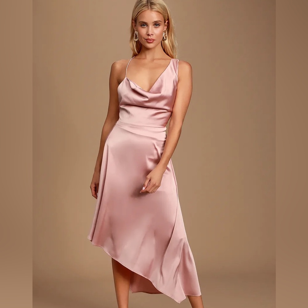 Lulus Sereno mauve pink satin cowl neck asymmetrical dress